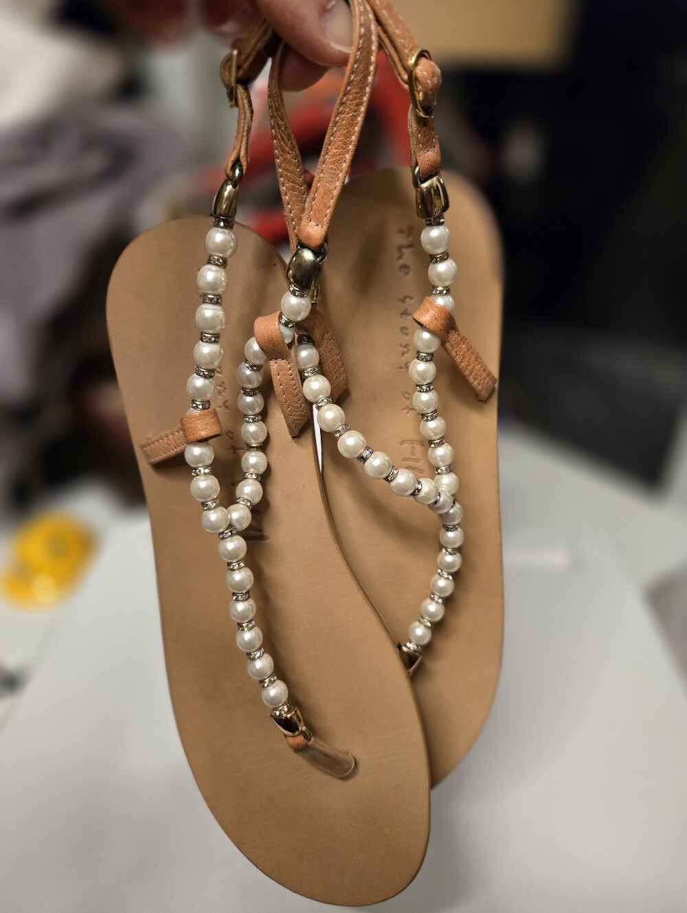 Pearl-Embellished Tan Strap Sandals